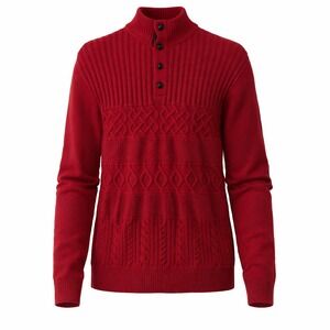 CHAPS Men's Red Cable Knit Fisherman Mock Neck Button Sweater Size L